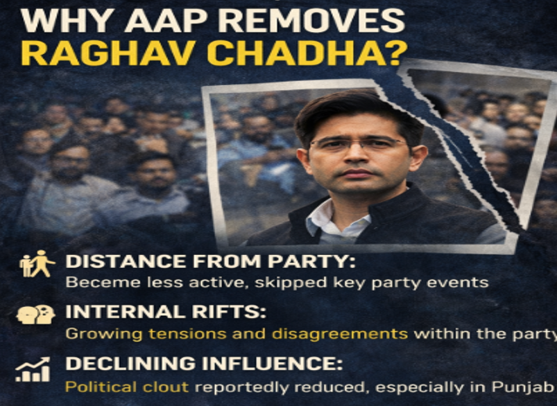 An informational graphic explaining why AAP removes Raghav Chadha. The image features a torn photograph of politician Raghav Chadha layered over a blurred background of a crowd. Below the photo, three main reasons are listed with icons: "Distance from Party: Became less active, skipped key party events," "Internal Rifts: Growing tensions and disagreements within the party," and "Declining Influence: Political clout reportedly reduced, especially in Punjab."
