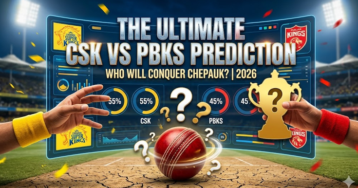 A digital sports analytics graphic showing a red cricket ball resting on a dry, cracked Chepauk pitch. The background features a futuristic data dashboard with team win probabilities, while two hands reach for a golden trophy. The large, bold central text displays 'THE ULTIMATE CSK VS PBKS PREDICTION'.