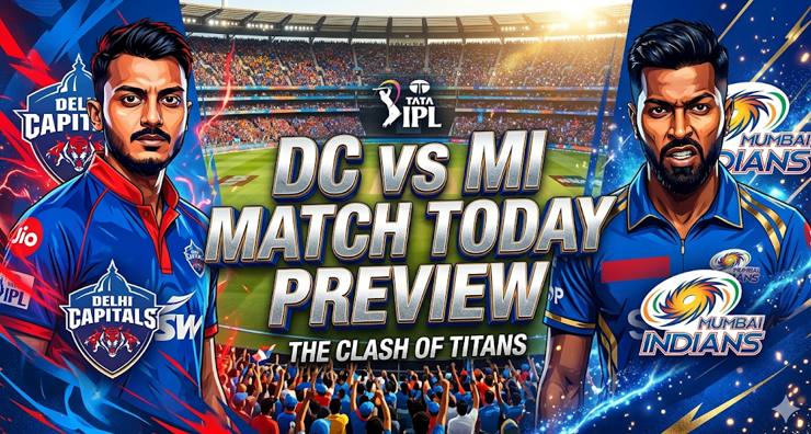 A dynamic featured composite graphic for the "DC VS MI MATCH TODAY PREVIEW". It combines stylized portraits of captains Axar Patel (left, Delhi Capitals) and Hardik Pandya (right, Mumbai Indians) with metallic central text and vibrant team colors against a packed stadium background with glowing energy trails, an essential visual for the predicted match.