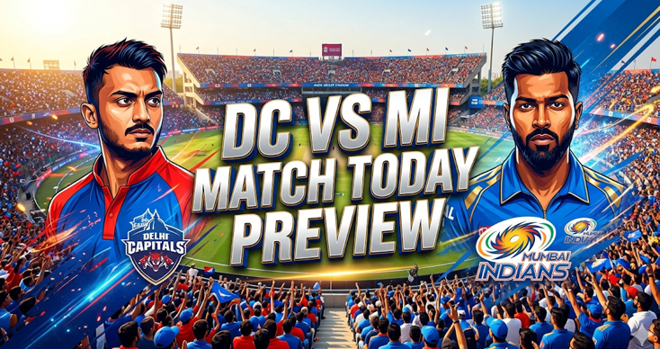 Delhi Capitals vs Mumbai Indians Prediction: The Ultimate IPL 2026 Match 8 Preview 1 Sports analysis for the DC vs MI match today prediction for IPL 2026. A digital sports analytics dashboard graphic with the central bold title "THE ULTIMATE DC VS MI PREDICTION". A cricket ball balances perfectly on a futuristic scale, surrounded by comparison charts for Delhi Capitals and Mumbai Indians, win probability percentages, player stats (like Warner vs Rohit), and a golden IPL trophy in the background.