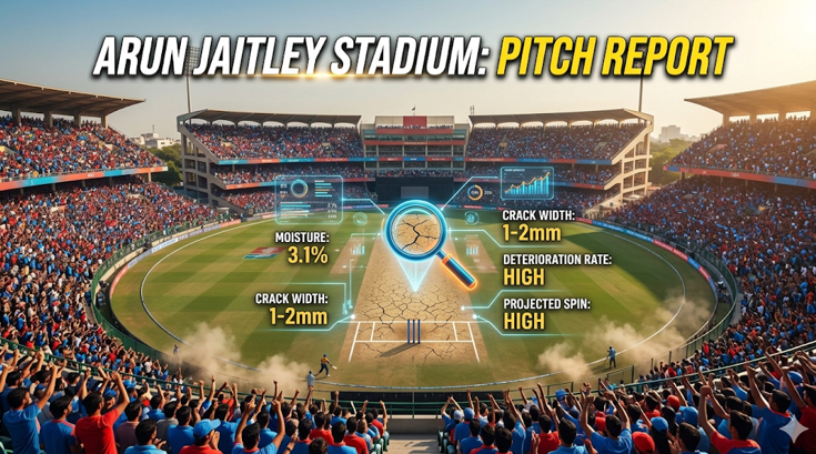 Delhi Capitals vs Mumbai Indians Prediction: The Ultimate IPL 2026 Match 8 Preview 2 A high-angle view from the Arun Jaitley Stadium stands in New Delhi, looking down at the pitch with large text overlay: "ARUN JAITLEY STADIUM: PITCH REPORT". A glowing futuristic data interface with a magnifying glass and charts examines the dry, cracked surface for spin, analyzing a crucial factor for any DC vs MI prediction.
