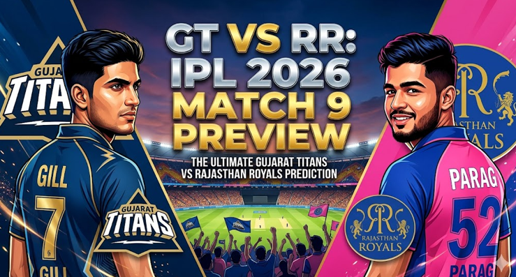 A vibrant and professional sports promotional graphic designed as a main header for your IPL article. It splits diagonally, featuring stylized portraits of Shubman Gill (Gujarat Titans, deep blue/gold colors) and Riyan Parag (Rajasthan Royals, pink/royal blue colors). Their respective team logos are integrated into the high-energy design. Large, bold, reflective chrome and gold text in the upper center reads: "GT VS RR: IPL 2026 MATCH 9 PREVIEW." Below, smaller text adds: "THE ULTIMATE GUJARAT TITANS VS RAJASTHAN ROYALS PREDICTION." In-depth analysis and stats for the ultimate Gujarat Titans vs Rajasthan Royals prediction for IPL 2026 Match 9.