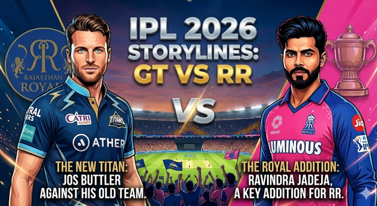 A narrative-driven promotional image graphic that visually highlights the key 'storylines' of the match. The graphic is a split screen focusing on two critical players. On the left half, a striking stylized portrait of Jos Buttler in the deep blue Gujarat Titans jersey. Below him, text reads: "THE NEW TITAN: JOS BUTTLER AGAINST HIS OLD TEAM." Behind him, the Rajasthan Royals 'RR' shield is subtly faded and covered by a 'VS' graphic. On the right half, a stylized portrait of Ravindra Jadeja in the pink and royal blue Rajasthan Royals jersey. Text reads: "THE ROYAL ADDITION: RAVINDRA JADEJA, A KEY ADDITION FOR RR." In the upper middle, bold, chrome-textured text reads: "IPL 2026 STORYLINES: GT VS RR." The entire image has a high-energy illustration style with glowing effects. In-depth analysis and stats for the ultimate Gujarat Titans vs Rajasthan Royals prediction for IPL 2026 Match 9.