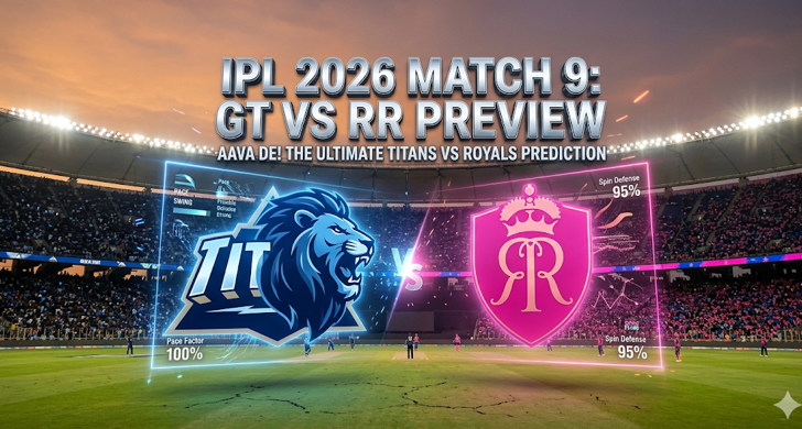 A dynamic promotional graphic for an IPL 2026 cricket match preview. The main text at the top reads "IPL 2026 MATCH 9: GT VS RR PREVIEW" with the subtitle "AAVA DE! THE ULTIMATE TITANS VS ROYALS PREDICTION". The background is a massive cricket stadium split down the middle with blue fans and a blue sky on the left, and pink fans and a pink sky on the right. In the center foreground, a large 'VS' sign separates glowing team logos: the blue and gold 'GUJARAT TITANS' lion logo on the left and the pink and gold 'RAJASTHAN ROYALS' crown logo on the right.