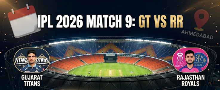 A dynamic information graphic designed as a header for your IPL article, ensuring clarity on the date and venue, as planned. It features a stylized wide-angle photograph of the massive Narendra Modi Stadium in Ahmedabad at night. In the foreground, stylized graphical elements are superimposed. An inset circle on the left contains a small portrait of Shubman Gill with the GT lion logo and text: "GUJARAT TITANS." An inset circle on the right contains a small portrait of Riyan Parag with the RR shield logo and text: "RAJASTHAN ROYALS." Large, clear text in bold white and gold font across the top center explicitly reads: "IPL 2026 MATCH 9: GT VS RR." Below this, in a structured box with a glowing edge, text confirms: "CONFIRMED: SATURDAY, APRIL 4, 2026. NARENDRA MODI STADIUM, AHMEDABAD. 07:30 PM IST." In-depth analysis and stats for the ultimate Gujarat Titans vs Rajasthan Royals prediction for IPL 2026 Match 9.