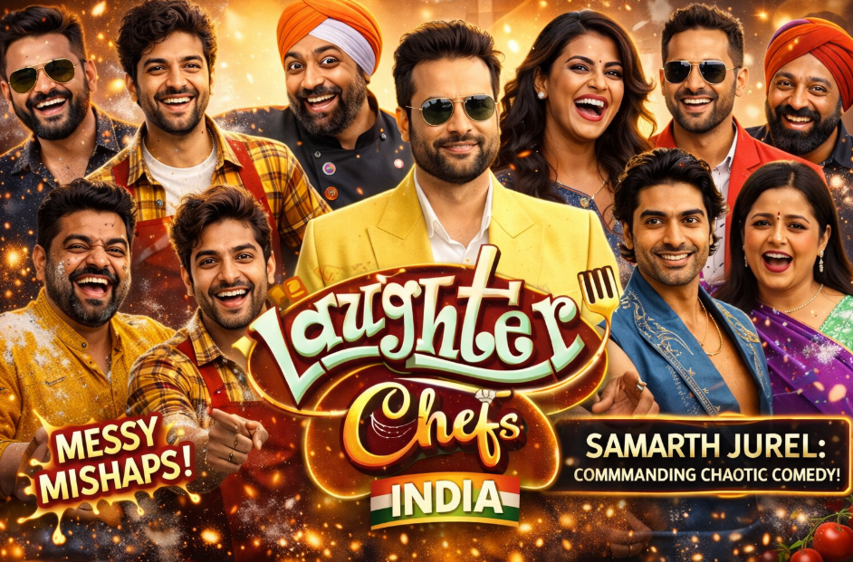 A high-energy promotional poster for Laughter Chefs India, featuring a joyful ensemble of celebrity contestants playfully covered in cooking flour. The vibrant graphic includes the central show logo surrounded by glowing text overlays that read "Messy Mishaps!" and "Samarth Jurel: Commanding Chaotic Comedy!", perfectly capturing the chaotic and fun vibe of the kitchen.
