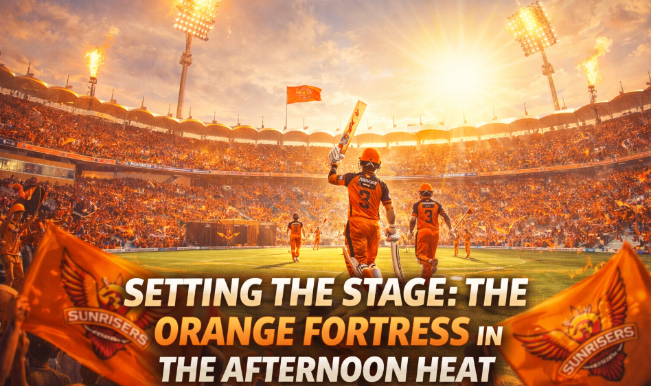 SRH vs LSG Preview: The Ultimate Clash of Fire and Ice in IPL 2026 2 A cinematic, sun-drenched view of a packed cricket stadium representing the home advantage for the SRH vs LSG IPL match today. Two Sunrisers Hyderabad players in orange and black jerseys walk onto the field toward a roaring crowd, one raising his bat in greeting. Large, bold text overlay at the bottom reads: "SETTING THE STAGE: THE ORANGE FORTRESS IN THE AFTERNOON HEAT".