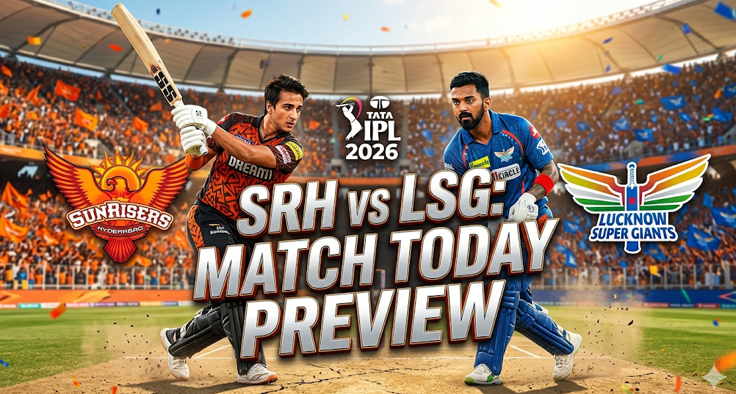 SRH vs LSG Preview: The Ultimate Clash of Fire and Ice in IPL 2026 1 A vibrant featured image for the SRH vs LSG IPL match today preview, showcasing an aggressive Sunrisers Hyderabad batter on the left and Lucknow Super Giants captain KL Rahul on the right. They are set against a packed, sunlit stadium with a dry cricket pitch. Large, bold 3D text in the center reads "SRH vs LSG: MATCH TODAY PREVIEW" flanked by the official SRH and LSG team logos.