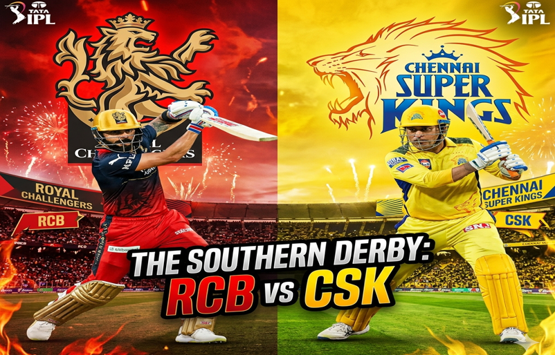 RCB vs CSK Preview: The Ultimate South Indian Derby Hits Bengaluru in IPL 2026 1 “RCB vs CSK IPL match poster showing a split design with an RCB batsman in red smashing a shot on a fiery background and a CSK batsman in yellow on a bright stadium side, featuring team logos and ‘Southern Derby RCB vs CSK’ text.”