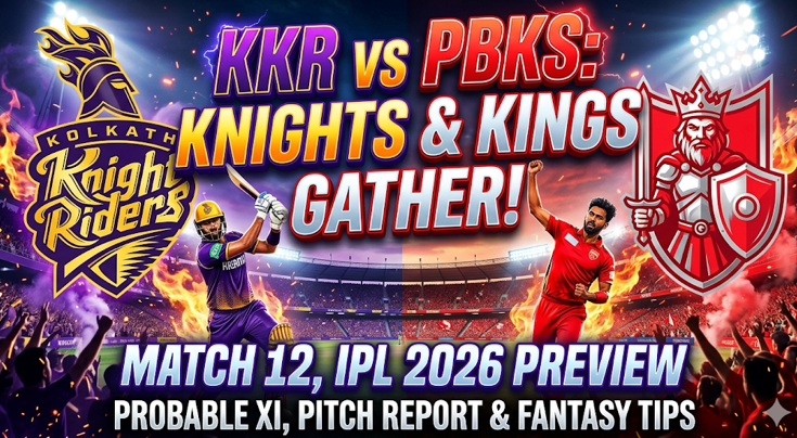 “KKR vs PBKS IPL match poster featuring Kolkata Knight Riders batsman and Punjab Kings bowler in action, with team logos, fiery stadium background, and ‘Knights & Kings Gather’ IPL 2026 preview text.”