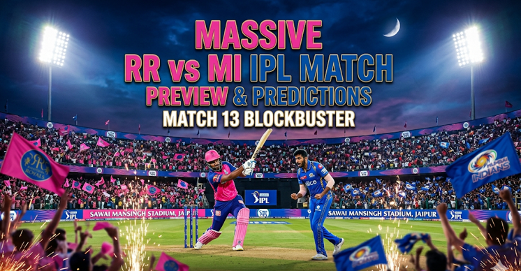 Dynamic featured graphic for the upcoming RR vs MI IPL match prediction article. The image shows a high-energy night game at a packed Sawai Mansingh Stadium in Jaipur. A Rajasthan Royals batsman in a pink kit is mid-swing against a Mumbai Indians fast bowler in a blue kit. The roaring crowd waves team flags amidst celebratory fireworks. Bold text overlay reads: 'MASSIVE RR vs MI IPL MATCH PREVIEW & PREDICTIONS, MATCH 13 BLOCKBUSTER'.
