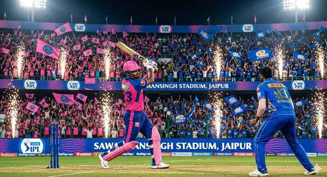 Action shot of the RR vs MI IPL match under the night lights at Sawai Mansingh Stadium in Jaipur. A Rajasthan Royals batsman in a pink kit swings his bat against a Mumbai Indians bowler in blue, surrounded by a fully packed, cheering stadium with celebratory fireworks going off on the boundary.