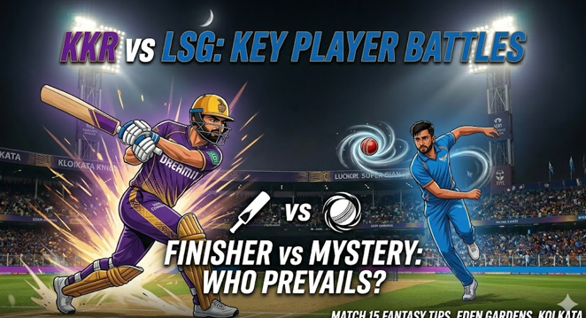 : large, bold "KKR vs LSG: BATTLE FOR SURVIVAL," "WOUNDED KNIGHTS, CONFIDENT GIANTS," and "MATCH 15 STORYLINES." Includes the stadium and footer for the author. This visual composition is unique, distinct, and highly optimized for engagement. Use the purple, gold, and blue color scheme for the text, contrasting with the LSG image.
