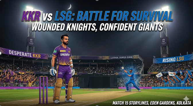 large, bold "KKR vs LSG: KEY PLAYER BATTLES," and "FINISHER vs MYSTERY: WHO PREVAILS?" with generic bat and swirling ball icons, and "MATCH 15 FANTASY TIPS." Includes the stadium name and footer. This image will grab attention for the fantasy analysis section. Use the white and outlines text, with color icons for contrast.