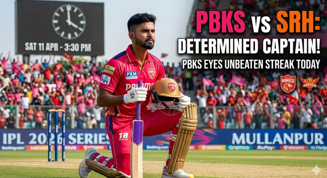 The Saturday Showdown: PBKS vs SRH IPL 2026 Match 17 Preview & Deep Dive 1 PBKS vs SRH IPL 2026 Match 17 promotional graphic featuring a determined Punjab Kings captain in a red kit kneeling on the field at Mullanpur Stadium. Bold text overlay reads "PBKS vs SRH: DETERMINED CAPTAIN!" and "PBKS EYES UNBEATEN STREAK TODAY," with a digital scoreboard showing the match time as Saturday, April 11 at 3:30 PM.