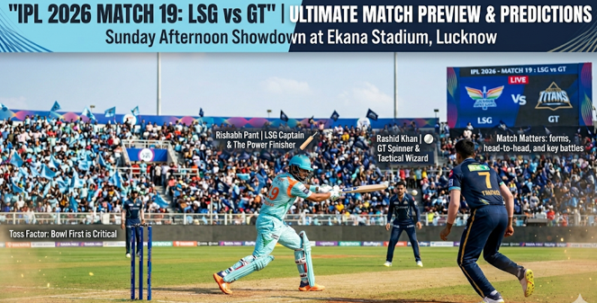 The Sunday Afternoon Showdown: LSG vs GT IPL 2026 Match 19 Ultimate Preview & Deep Dive 1 A comprehensive on-field action infographic and promotional graphic for the LSG vs GT IPL 2026 Match Preview, scheduled as a "Sunday Afternoon Showdown" at Lucknow's Ekana Stadium. Dynamic cricket match imagery features conceptual LSG captain Rishabh Pant batting against conceptual GT spinner Rashid Khan. Large top text banners read "IPL 2026 MATCH 19: LSG vs GT" | ULTIMATE MATCH PREVIEW & PREDICTIONS, with smaller text overlays for "Match Matters" (forms, H2H, and key battles), the "Toss Factor: Bowl First is Critical," and a giant screen displaying "LIVE" match information. The bottom banner states ARTICLE BY SPORTS CENTRAL.