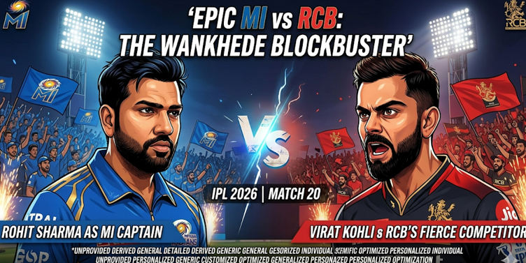Promotional matchday poster for the epic MI vs RCB IPL 2026 Match 20, featuring the Mumbai Indians and Royal Challengers Bengaluru captains facing off in front of a massive, cheering crowd at Wankhede Stadium.