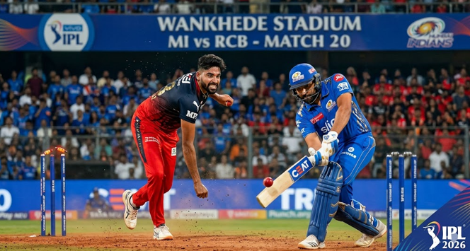 Dynamic on-field action shot from the MI vs RCB IPL 2026 Match 20, showing a Mumbai Indians batsman playing a powerful shot against a Royal Challengers Bengaluru fast bowler under the night floodlights at Wankhede Stadium.