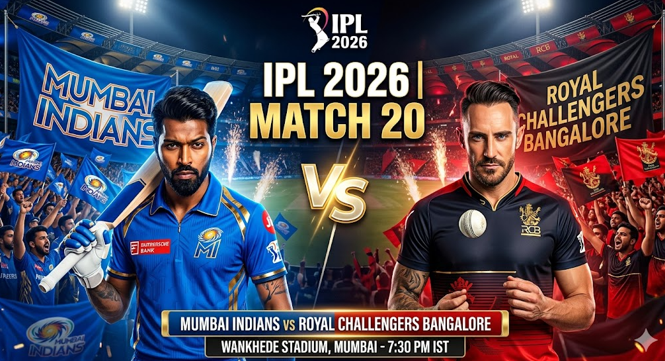 Promotional matchday poster for the epic MI vs RCB IPL 2026 Match 20, featuring the Mumbai Indians and Royal Challengers Bengaluru captains facing off in front of a massive, cheering crowd at Wankhede Stadium.