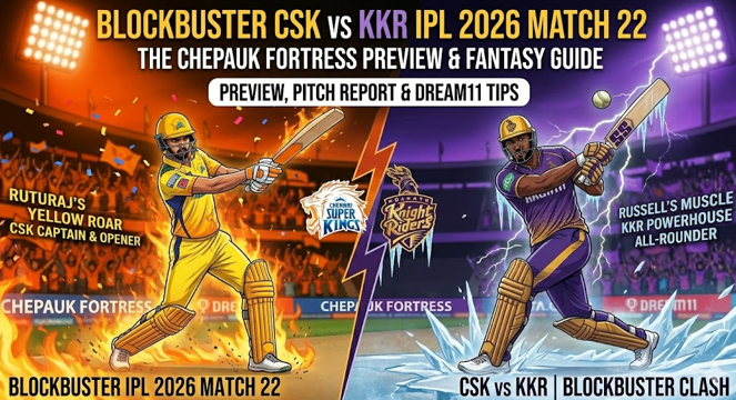 An energetic illustrated poster comparing two cricketers for the blockbuster CSK vs KKR IPL 2026 Match 22, set against an illuminated stadium crowd. On the left, in a fiery yellow and orange setting, stands an illustrated visualization of Ruturaj Gaikwad as the 'CSK Captain & Opener,' labeled 'Ruturaj’s Yellow Roar' and with boundary boards reading 'Chepauk Fortress'. On the right, in an icy purple setting, stands an illustrated visualization of Andre Russell as the 'KKR Powerhouse All-Rounder,' labeled 'Russell’s Muscle' and with the KKR logo. Between them are the stylized Chennai Super Kings lion logo and Kolkata Knight Riders crest. Prominent text at the top reads: 'Blockbuster CSK vs KKR IPL 2026 Match 22 | The Chepauk Fortress Preview & Fantasy Guide'. Smaller text below: 'Preview, Pitch Report & Dream11 Tips'. Dynamic text at the bottom reads: 'Blockbuster IPL 2026 Match 22' and 'CSK vs KKR | Blockbuster Clash'. Intense atmospheric effects of floodlights and crowd details.