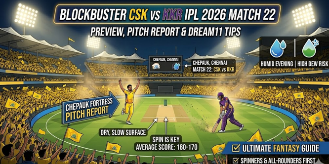 An illustrative infographic view of the Chepauk stadium for the blockbuster CSK vs KKR IPL 2026 Match 22. Prominent text at the top reads: 'Blockbuster CSK vs KKR IPL 2026 Match 22'. Smaller text below: 'Preview, Pitch Report & Dream11 Tips'. The graphic shows a packed, lit stadium with a crowd in yellow and purple. An integrated graphical section details the pitch report for the 'Chepauk Fortress', indicating 'Dry, Slow Surface', 'Spin Is Key', and 'Average Score: 160-170', with arrows pointing to the central pitch area and generic illustrated players. In the top right, icons for humidity and dew are labeled 'Humid Evening | High Dew Risk'. At the bottom right, a box titled 'Ultimate Fantasy Guide' contains a checkbox list including 'Spinners & All-Rounders First' and 'Top-Order Batsmen & Death Bowlers'. The footer reads 'Article by Sports Central' with a logo. Text rendering is perfect and legible.