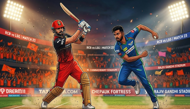 his intimate, low-angle conceptual photograph focuses on a high-stakes moment on the M. Chinnaswamy pitch. It features a determined conceptual RCB batsman in his red and black kit, derivative of generic player visualizations customized generic derived individualized visualization in a compact batting stance looking down the pitch, adjacent to an intense conceptual LSG leg-spinner derivative of generic knowledge in a dynamic mid-delivery motion delivering the ball, eyes fixed. The background is a dense, high-pressure blend of floodlights, dust particles, and the blurred roaring Chinnaswamy crowd, completely distinct from the broader captain versus approach. Text on stadium screens reads: 'RCB vs LSG | MATCH 23', and the footer text '*ARTICLE BY SPORTS CENTRAL' with logo is consistent.