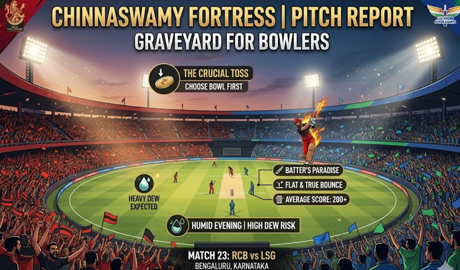 This grand, wide-angle illustrative visualization captures the packed M. Chinnaswamy Stadium, Bengaluru, during early evening dusk with floodlights. It integrates multiple infographic overlays with add-on text to provide crucial tactical information:

Top Banner: Reads: 'CHINNASWAMY FORTRESS | PITCH REPORT' and below, 'GRAVEYARD FOR BOWLERS'.

Toss Graphic: Icons of a coin toss. Text: 'THE CRUCIAL TOSS' and below, 'CHOOSE BOWL FIRST', illustrating 'HEAVY DEW EXPECTED'.

Pitch Graphic: Points to the pitch, detailed 'PITCH REPORT' icons: 'BATTER'S PARADISE', 'FLAT & TRUE BOUNCE', 'AVERAGE SCORE: 200+'. A generic visualizer unprovided specific details customized generic derived individualized visualization of a batter hitting a six with fire is included.

Weather/Dew: Icon of humidity and dew. Text: 'HUMID EVENING | HIGH DEW RISK'.

Scoreboard: Reads: 'MATCH 23: RCB vs LSG' and 'BENGALURU, KARNATAKA'.

Bottom Banner: Footer consistent with previous images: '*ARTICLE BY SPORTS CENTRAL' with logo. The player visualizations are generalized and distant, rendering