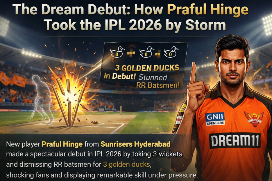 A dramatic IPL-themed graphic titled “The Dream Debut: How Praful Hinge Took the IPL 2026 by Storm,” featuring a Sunrisers Hyderabad cricketer in an orange jersey raising one finger confidently. In the background, a cricket pitch shows stumps exploding to symbolize wickets, with a silhouetted batsman walking away. Text highlights “3 Golden Ducks in Debut! Stunned RR Batsmen!” and describes the player’s standout performance, with a packed stadium and floodlights enhancing the high-energy match atmosphere.