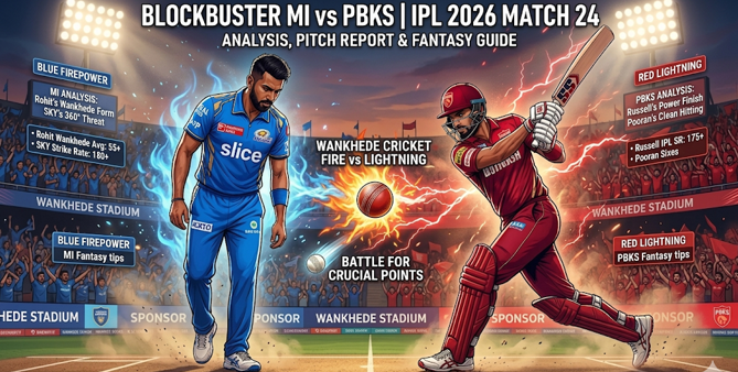 High-energy promotional graphic for MI vs PBKS IPL 2026 Match 24 featuring a blue-kit player from Mumbai Indians and a red-kit batsman from Punjab Kings clashing at Wankhede Stadium, with lightning effects, a glowing cricket ball, and text highlighting “Analysis, Pitch Report & Fantasy Guide” from the Indian Premier League.
