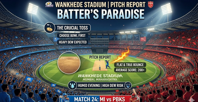 Detailed pitch report graphic for MI vs PBKS IPL 2026 Match 24 set at Wankhede Stadium, illustrating a packed stadium with blue and red crowds representing Mumbai Indians and Punjab Kings. The image highlights a “Batter’s Paradise” pitch with flat surface, true bounce, average score above 200, and notes on crucial toss decision, heavy dew conditions, and humid evening during the Indian Premier League match.