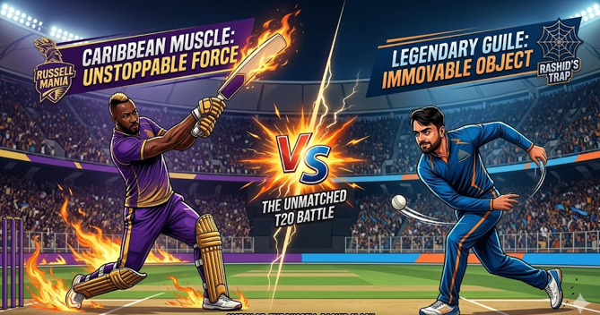 A dynamic action illustration for the GT vs KKR IPL 2026 Match 25 highlighting the highly anticipated battle between Andre Russell and Rashid Khan. The image features a glowing 'VS' graphic on the cricket pitch, comparing KKR's Russell as the "Unstoppable Force" with a flaming bat against GT's Rashid as the "Immovable Object" bowling.