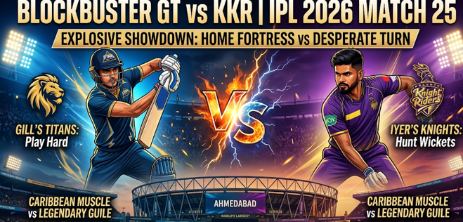 A featured image illustration for an article on the GT vs KKR IPL 2026 Match 25 preview. The high-energy, illustrative graphic is set at the packed Narendra Modi Stadium, split by a central 'VS'. On the deep blue Gujarat Titans side, Shubman Gill GT is depicted with an aggressive lion icon, labeled 'GILL'S TITANS: Play Hard.' On the purple Kolkata Knight Riders side, a player with an intense knight shield (representing Andre Russell KKR/Hunt Wickets), labeled 'RUSSELL'S KNIGHTS: Hunt Wickets.' The graphic promotes tactical battles with 'CARIBBEAN MUSCLE vs LEGENDARY GUILE.' It includes the 'ARTICLE BY SPORTS CENTRAL' attribution. This image is essential for SEO when users search for Match 25 predictions, key player battles, and stadium details.