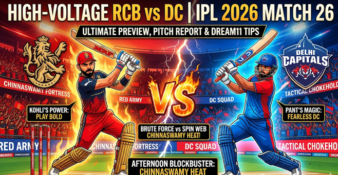 A vibrant, illustrative preview poster for the RCB vs DC IPL 2026 Match 26. The graphic features a dramatic split-screen: on the left, a fiery Royal Challengers Bengaluru batter represents "Brute Force & Chinnaswamy Heat," while on the right, a glowing Delhi Capitals bowler represents "Tactical Choke & The Spin Web." This dynamic image is ideal for highlighting the tactical battle, pitch report, and Dream11 prediction for the afternoon clash.