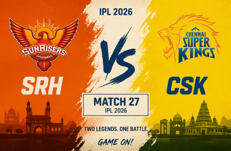 A promotional matchup graphic for the SRH vs CSK IPL 2026 Match 27. The split design features an orange left side with the Sunrisers Hyderabad logo, "SRH" text, and a Charminar silhouette. The yellow right side displays the Chennai Super Kings logo, "CSK" text, and a Chennai temple silhouette. The white center highlights a large "Vs", "IPL 2026", "Match 27", alongside the tagline "Two Legends. One Battle. Game On!".