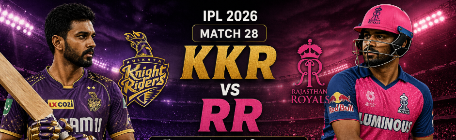 A dynamic promotional banner for the KKR vs RR IPL 2026 Match 28, featuring Kolkata Knight Riders captain Shreyas Iyer on the left and Rajasthan Royals captain Sanju Samson on the right. The graphic displays the official team logos and bold "KKR vs RR" text set against a brightly lit, packed cricket stadium background.