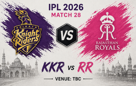 A stylized match preview graphic for the KKR vs RR IPL 2026 Match 28. The design features the Kolkata Knight Riders logo over a purple brushstroke alongside a sketch of Kolkata's Victoria Memorial on the left, facing the Rajasthan Royals logo over a pink brushstroke with a Rajasthani palace sketch on the right. A central "VS" badge separates them, with "IPL 2026 MATCH 28" at the top and "VENUE: TBC" at the bottom.