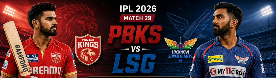 An electrifying promotional graphic for the PBKS vs LSG IPL 2026 Match 29. The design features the Punjab Kings logo engulfed in fiery orange flames on the left, facing off against the Lucknow Super Giants logo surrounded by cool blue smoke on the right. A glowing neon 'VS' separates the two teams, with the heading 'IPL 2026 MATCH 29' at the top and the tagline 'POWER MEETS PURPOSE' at the bottom.