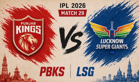 An illustrative match preview graphic for the PBKS vs LSG IPL 2026 Match 29. The design is set on a textured beige background, featuring the Punjab Kings logo over a vibrant red brushstroke on the left and the Lucknow Super Giants logo over a blue brushstroke on the right. A bold black 'Vs' sits in the center, with 'IPL 2026 MATCH 29' at the top and faded silhouettes of city monuments running along the bottom.