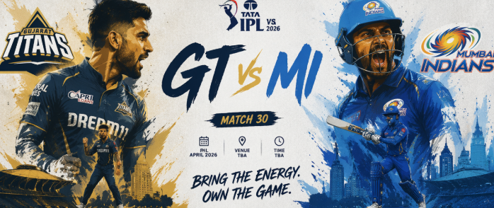 A dramatic promotional banner for the GT vs MI IPL 2026 Match 30 featuring Gujarat Titans captain Shubman Gill on the left and Mumbai Indians captain Hardik Pandya on the right. The graphic splits a lit stadium background into glowing gold and blue, displaying the official team logos, the TATA IPL branding, and the intense tagline 'Two Teams. One Battle. Only One Can Win.'
