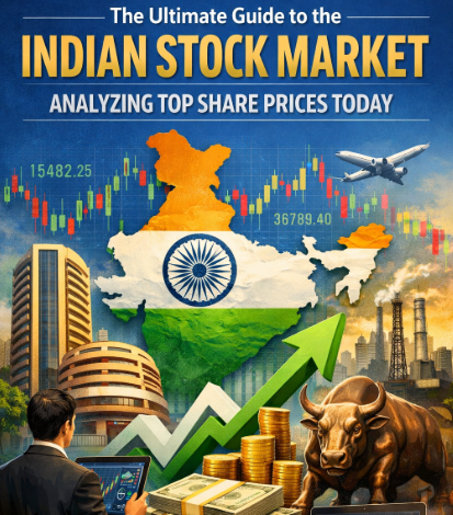 A vibrant graphic for "The Ultimate Guide to the Indian Stock Market" featuring an India map in flag colors, a bronze market bull, a rising green arrow, gold coins, and an investor analyzing the Top Indian Share Prices Today against a backdrop of stock charts and the BSE building.