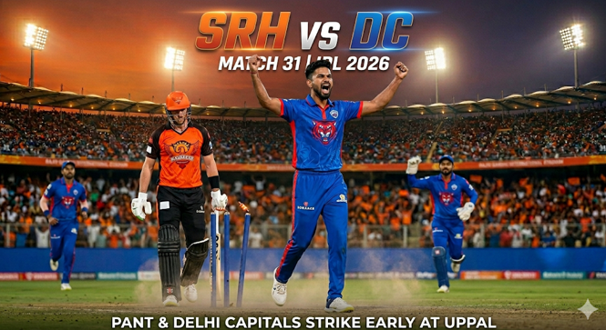 An action-packed cricket graphic for the SRH vs DC IPL 2026 Match 31, showing a Delhi Capitals player celebrating a bowled wicket while a Sunrisers Hyderabad batsman walks away. A packed Uppal stadium sits in the background under evening skies, with bold text overlays reading "SRH vs DC MATCH 31 | IPL 2026" and "PANT & DELHI CAPITALS STRIKE EARLY AT UPPAL".