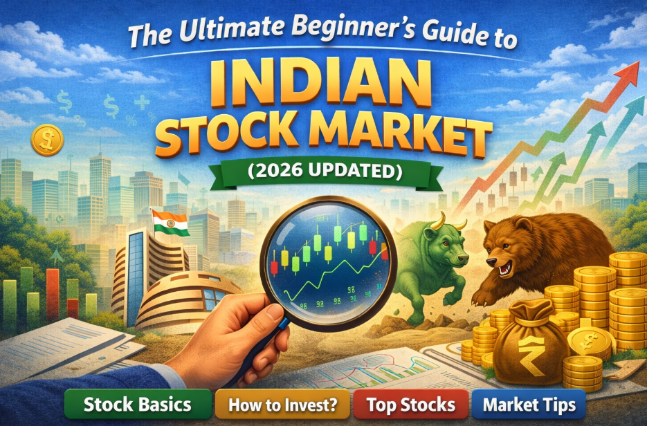 A vibrant cover illustration for the Beginner’s Guide to Indian Stock Market, featuring a young investor analyzing charts on a laptop alongside a green market bull and a brown bear. The background includes the BSE building, an Indian flag, rising financial arrows, and gold coins, with navigation buttons for Stock Basics, How to Invest, Top Stocks, and Market Tips.