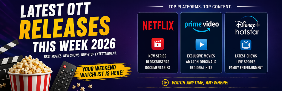 Latest OTT releases this week 2026 showcasing Netflix, Prime Video and Hotstar new shows, movies and trending web series watchlist