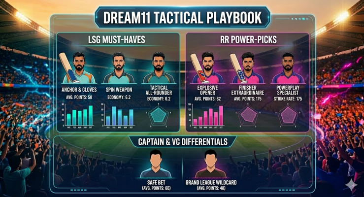 A detailed tactical infographic and 'Dream11 Tactical Playbook' for the LSG vs RR IPL 2026 Match 32, presenting illustrative data analysis and player performance metrics for Lucknow Super Giants 'Must-Haves' and Rajasthan Royals 'Power-Picks', set against a dynamic background of the packed Ekana Cricket Stadium at dusk.