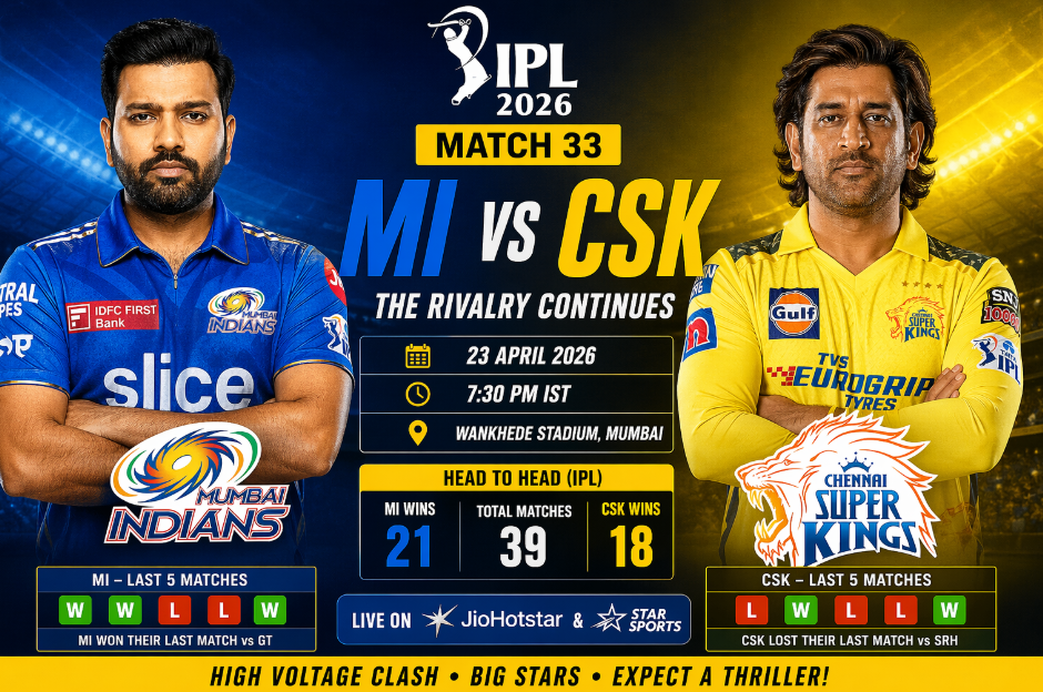 An illustrative match preview graphic for the MI vs CSK IPL 2026 Match 33, featuring Mumbai Indians' Rohit Sharma and Chennai Super Kings' MS Dhoni. The banner includes key match details like the Wankhede Stadium venue, pitch report, weather conditions, and Dream11 fantasy tips.